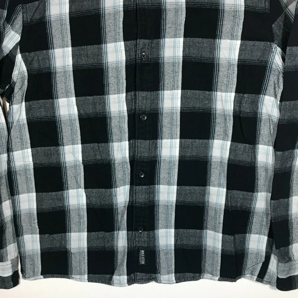 Hollister Men's XL Black Plaid Long Sleeve Button Up Hoodie Flannel Shirt - Picture 4 of 11